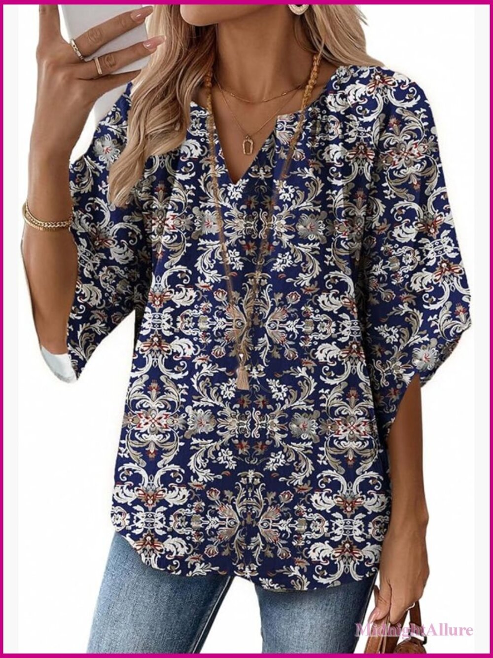 3/4 Sleeve V-Neck Bohemian Blouse Tunic Top